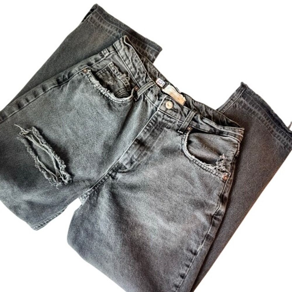 We The Free People Lita Distressed High Rise Straight Leg Jeans Black Sz 28   6